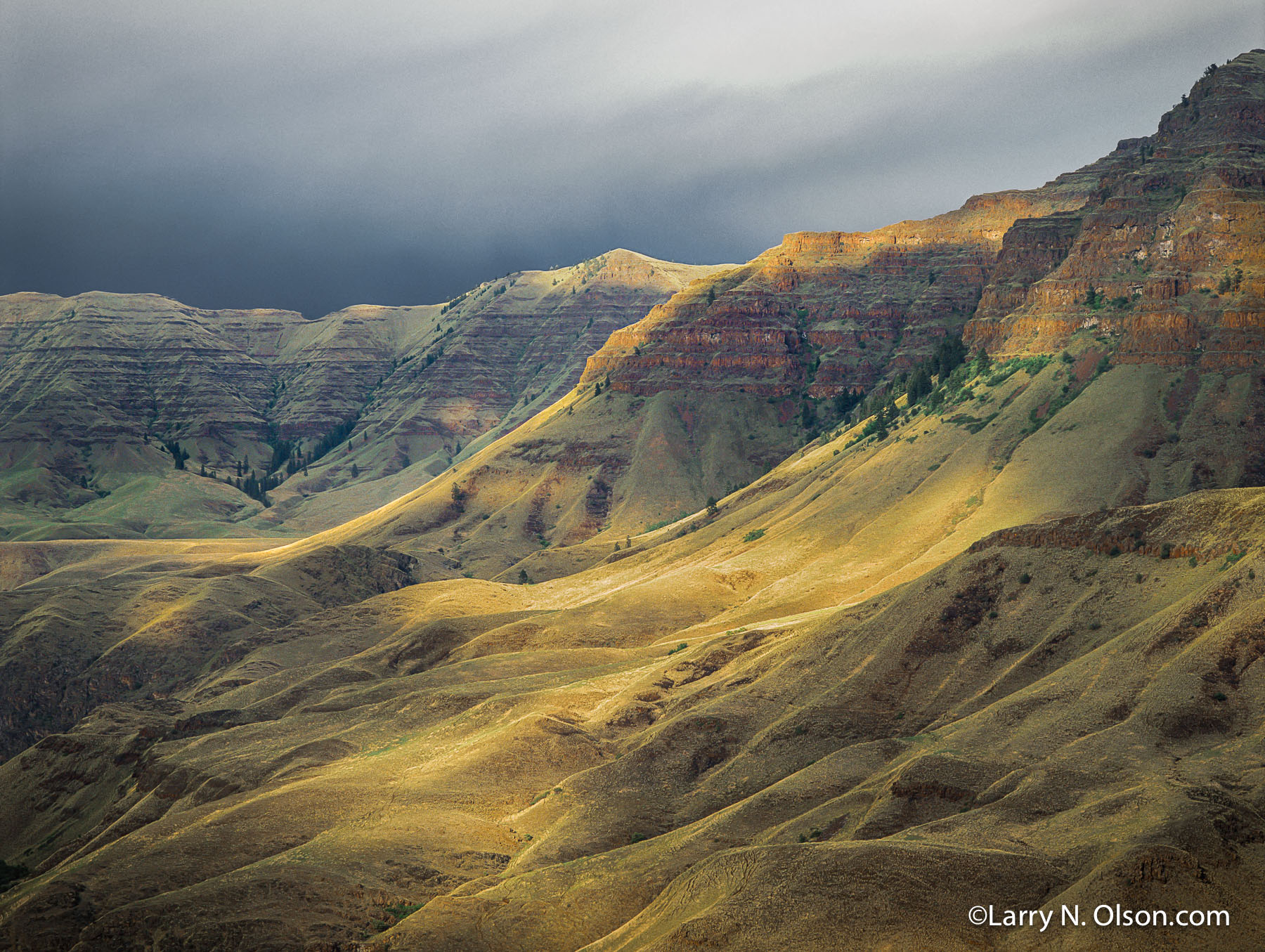 Imnaha River Canyon, OR | The illusive storm-light creates a vivid landscape in the Oregon High Desert. The basalt canyon slopes have a velvet look with the new growth of Bunchgrass. Hells canyon and the Snake River is just over the ridgeline.