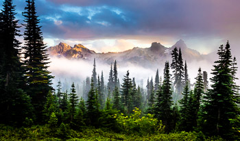 Tatoosh Range, Mt. Rainier National Park, WA | Sunset illuminates the Tatoosh Range during a clearing storm. This photograph was made from Mt. Rainier’s Paradise trail area in early fall. The Tatoosh Traverse, a challenging but rewarding day hike, follows the ridgeline.