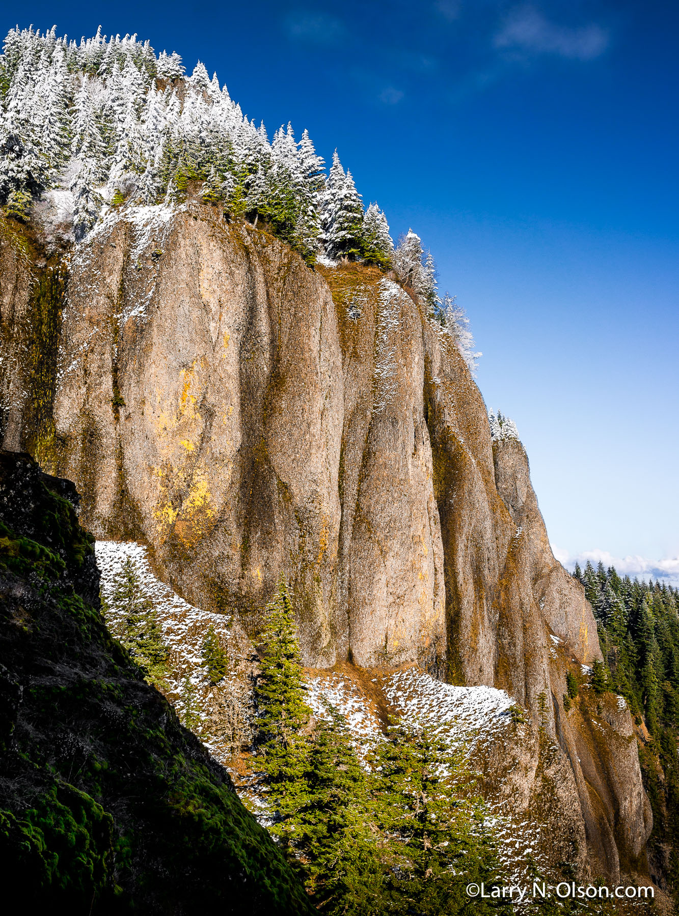 Hamilton Mountain, Columbia River Gorge, WA | Snow and frost linger on the cliffs during a sunny winter day.