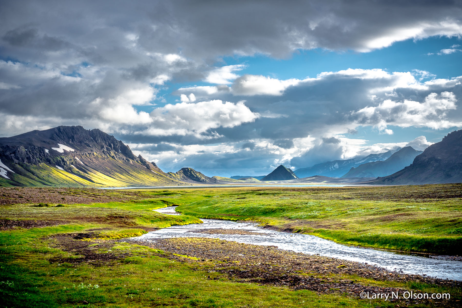 Approaching  Alftavatn, Iceland | Creek cuts through valley floor in Iceland valley.