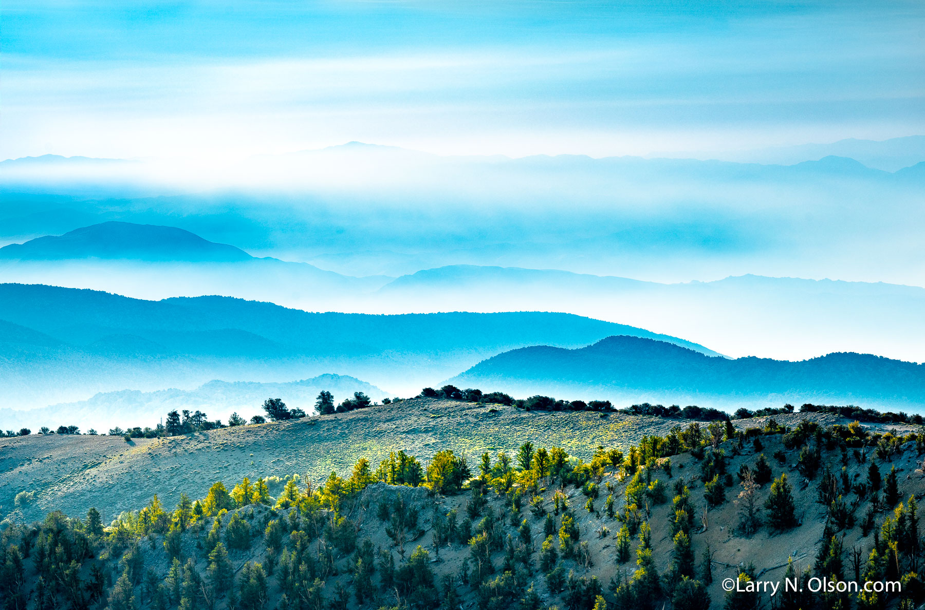 Ancient Bristlecone Pine Forest, CA | Dawn clouds partially obscure ridgelines in the White Mountains of California. The far distance is Death Valley National Park.