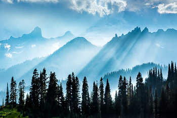 Cowlitz Chimneys, Barrier Peak, Governors Ridge, Mount Rainier National Park, WA | Beautiful light rays and fog shroud the Cowlitz Chimneys, Barrier Peak, and Governors Ridge in Mount Rainier National Park, WA