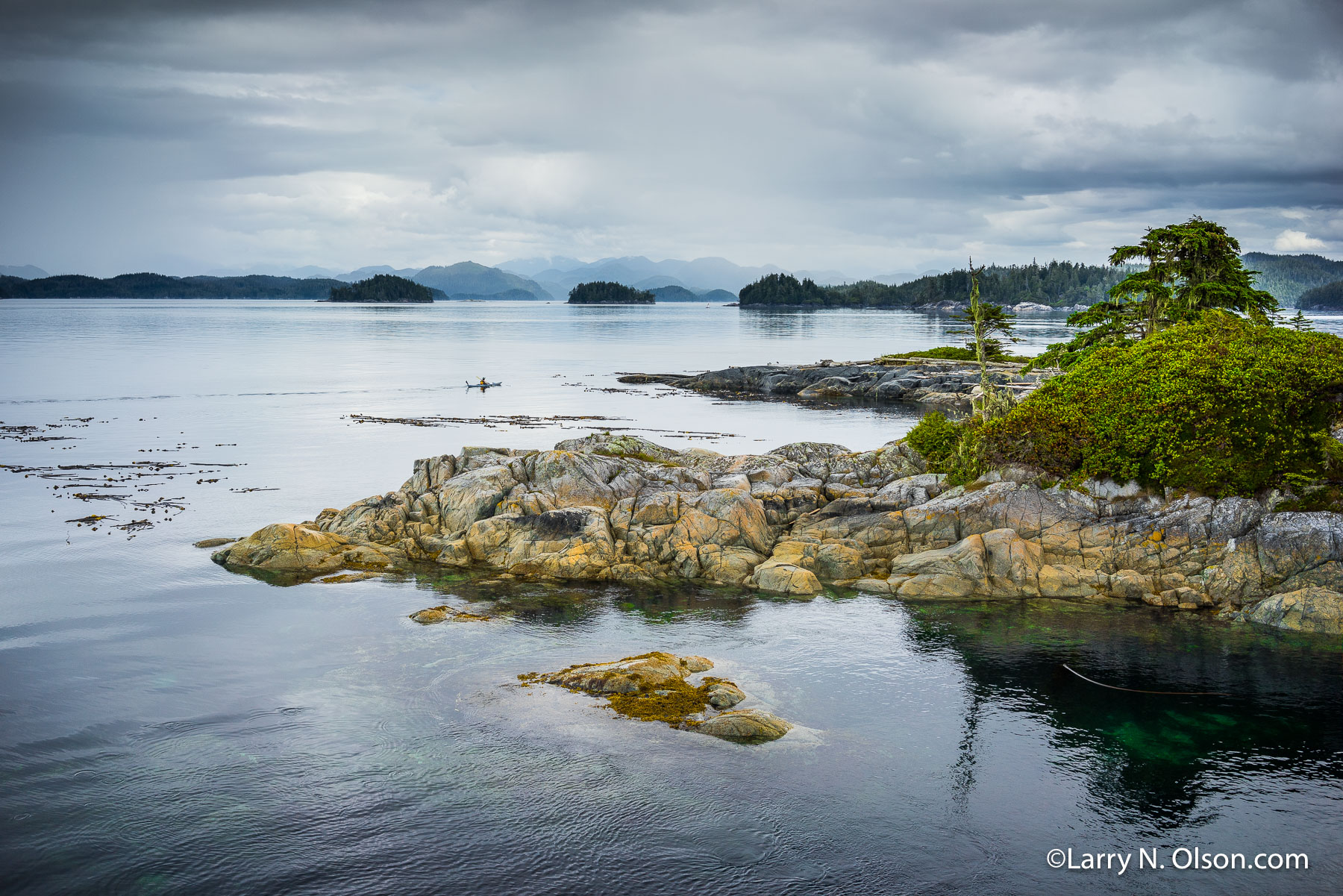 Solo Kayaker, Broughton Archipelago, BC, | Solo Kayaker paddles through the glassy waters of the Broughton Archipelago, BC.