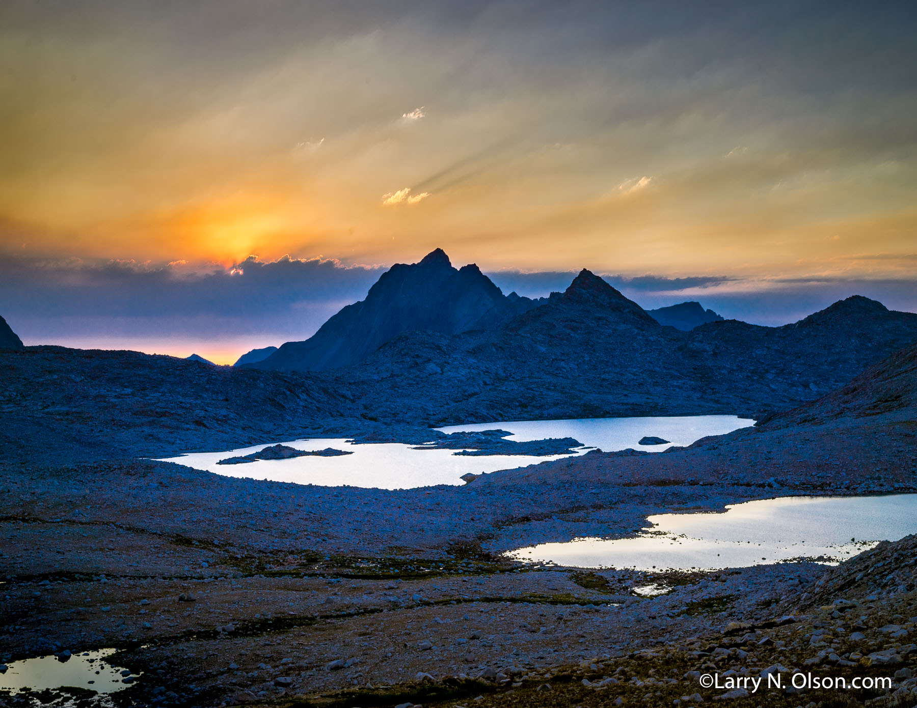 Lake McDermand, Wanda Lake, Muir Pass, Kings Canyon National Park, CA | Fires fill the western horizon at Sunset on Muir Pass.