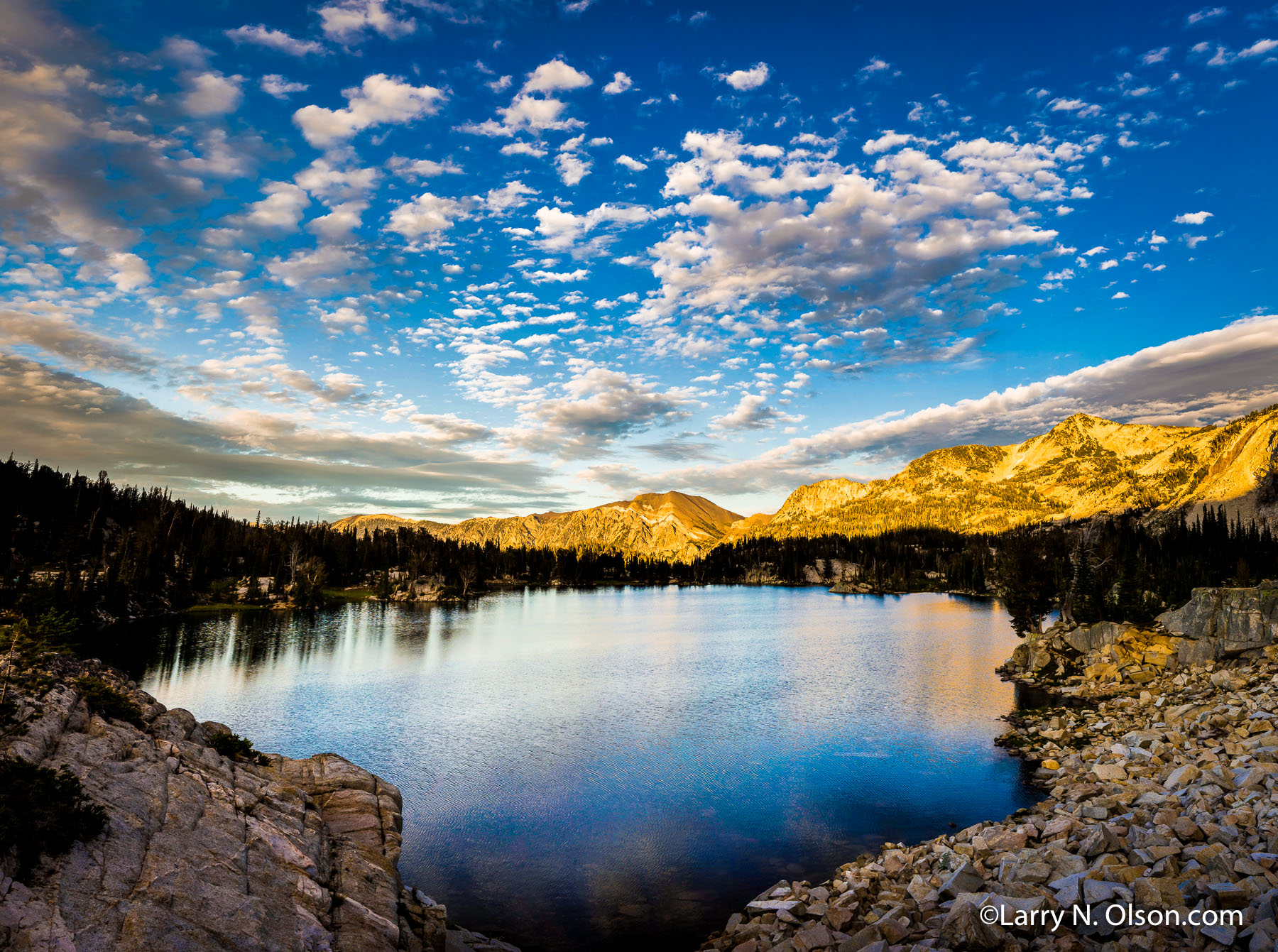 Mirror Lake, Wallowa Mountains, Eagle Cap Wilderness, OR | Mirror Lake and still waters reflect the evening sunset clouds.