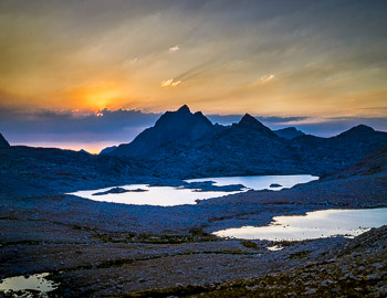 Lake McDermand, Wanda Lake, Muir Pass, Kings Canyon National Park, CA | Fires fill the western horizon at Sunset on Muir Pass.