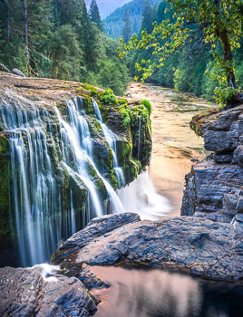 Lower Lewis River Falls #2, WA | The forest fires had changed the skies to a errie color at sunset and is reflected in river.