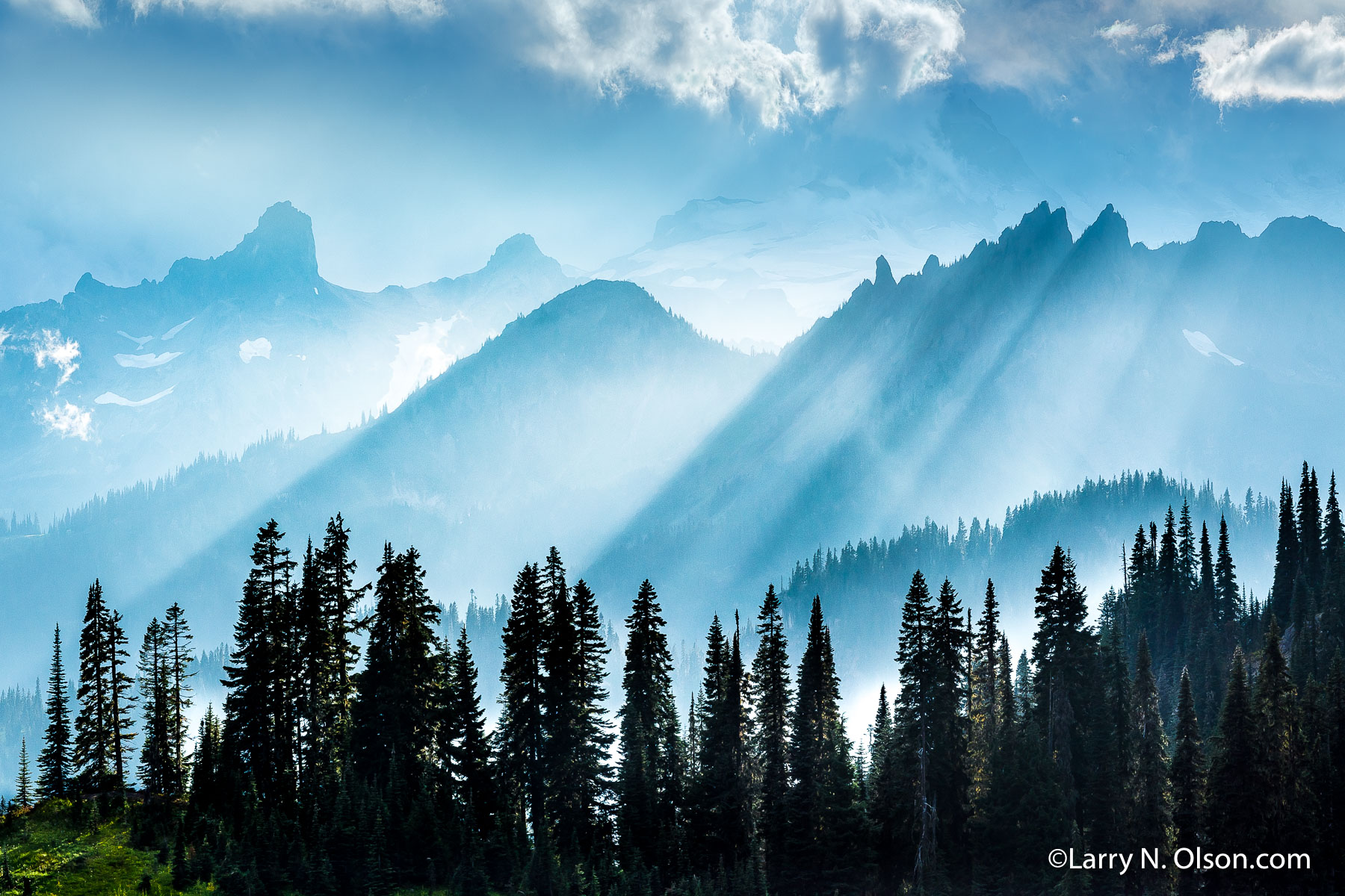 Cowlitz Chimneys, Barrier Peak, Governors Ridge, Mount Rainier National Park, WA | Beautiful light rays and fog shroud the Cowlitz Chimneys, Barrier Peak, and Governors Ridge in Mount Rainier National Park, WA