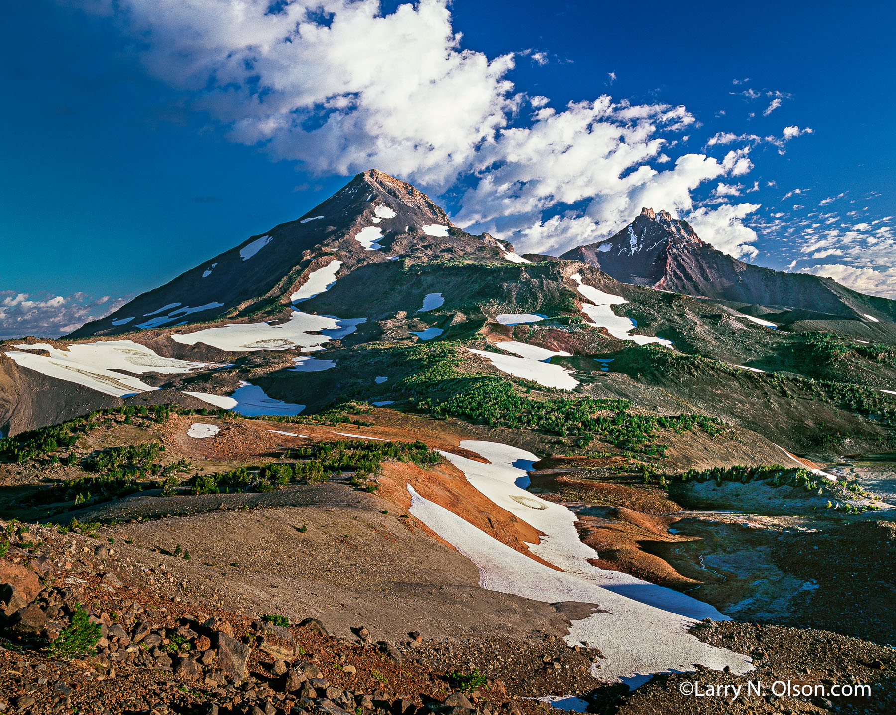 Three Sisters Wilderness , OR, #67204 | Late summer snow fields and glaciers linger on the flanks of Middle and North Sister.