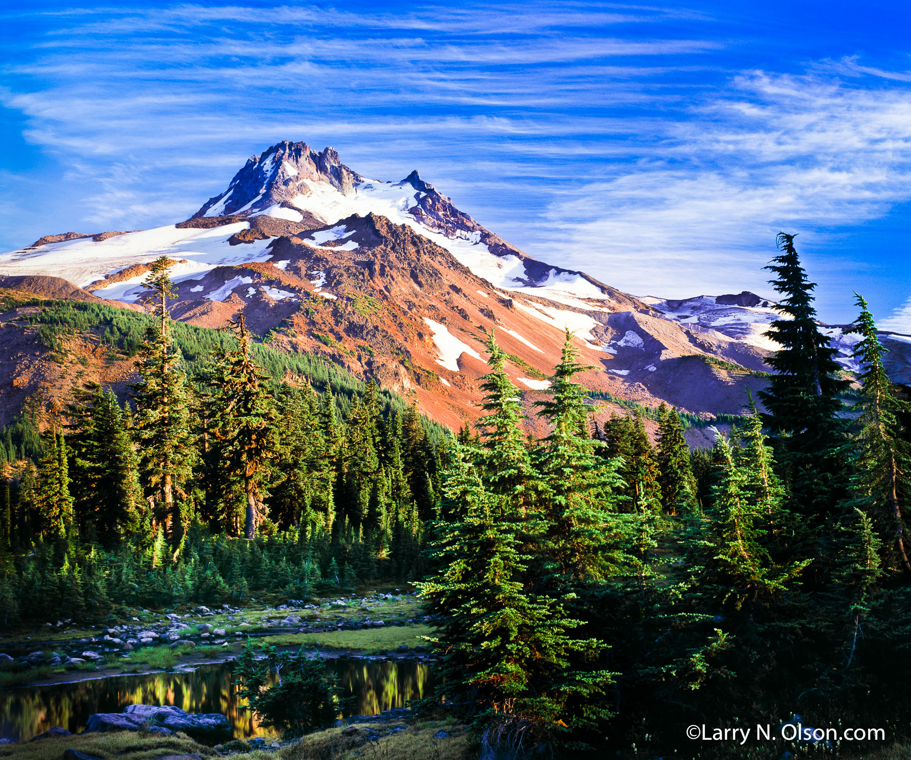 Jefferson Park, Mt. Jefferson Wilderness, Or. | Late afternoon sun illuminates the westface of Mt. Jefferson, a cascades volcano in Oregon.