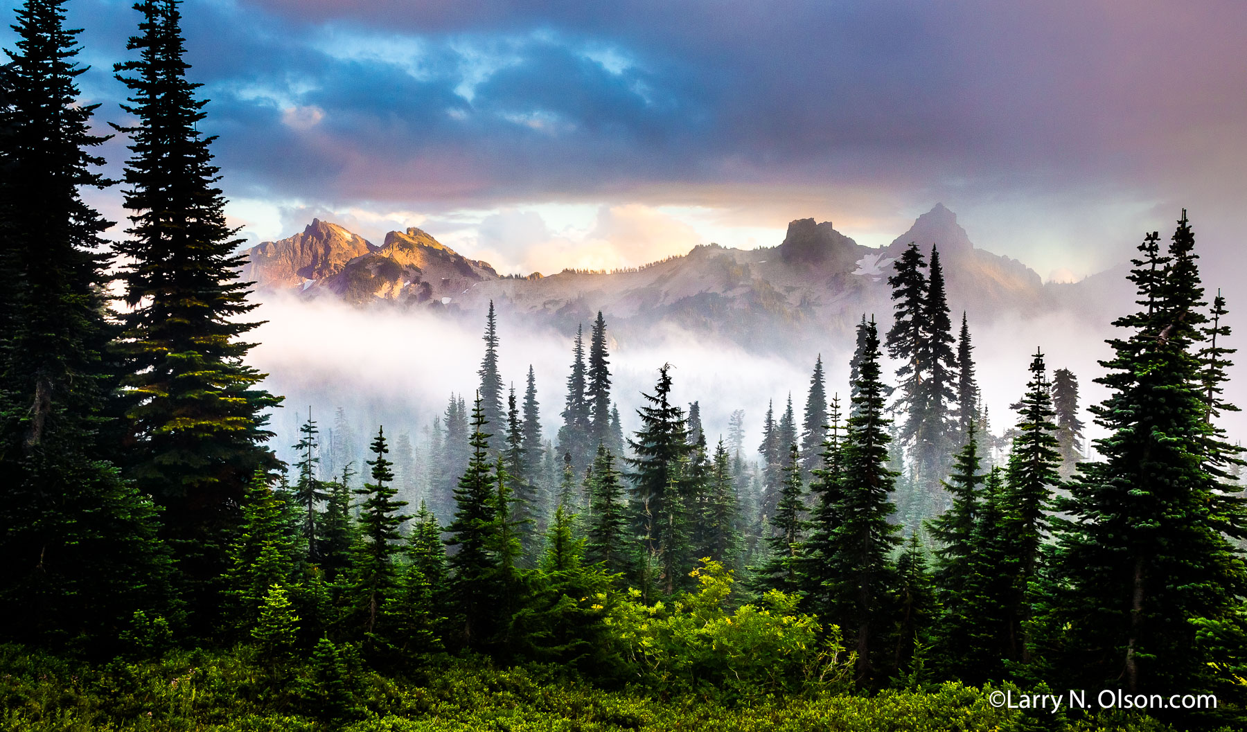 Tatoosh Range, Mt. Rainier National Park, WA | Sunset illuminates the Tatoosh Range during a clearing storm. This photograph was made from Mt. Rainier’s Paradise trail area in early fall. The Tatoosh Traverse, a challenging but rewarding day hike, follows the ridgeline.