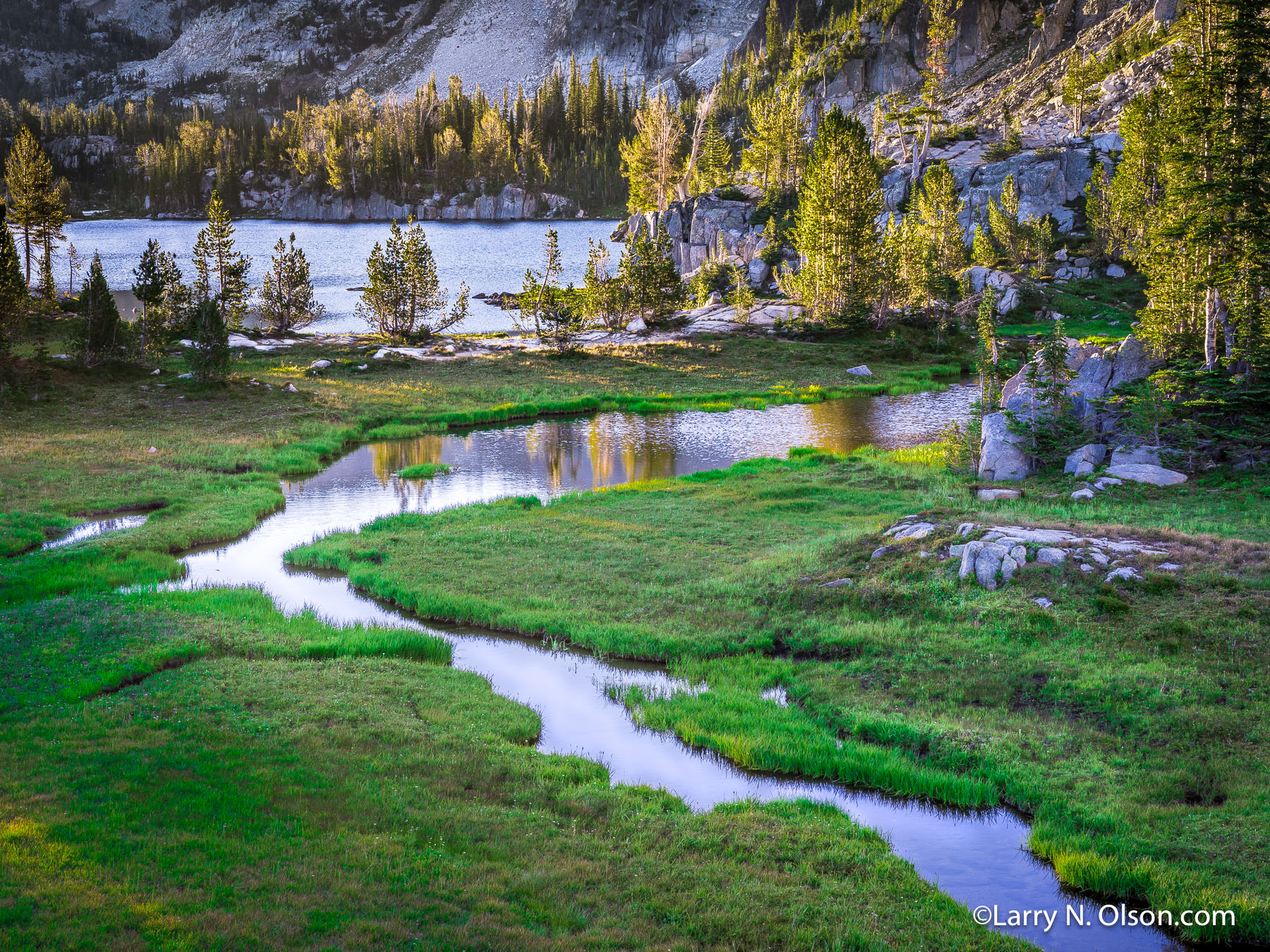 Inlet Creek, Mirror Lake, Wallowa Mountains, Eagle Cap Wilderness, OR | Sunrise casts a warm glow over the inlet creek to Mirror Lake.