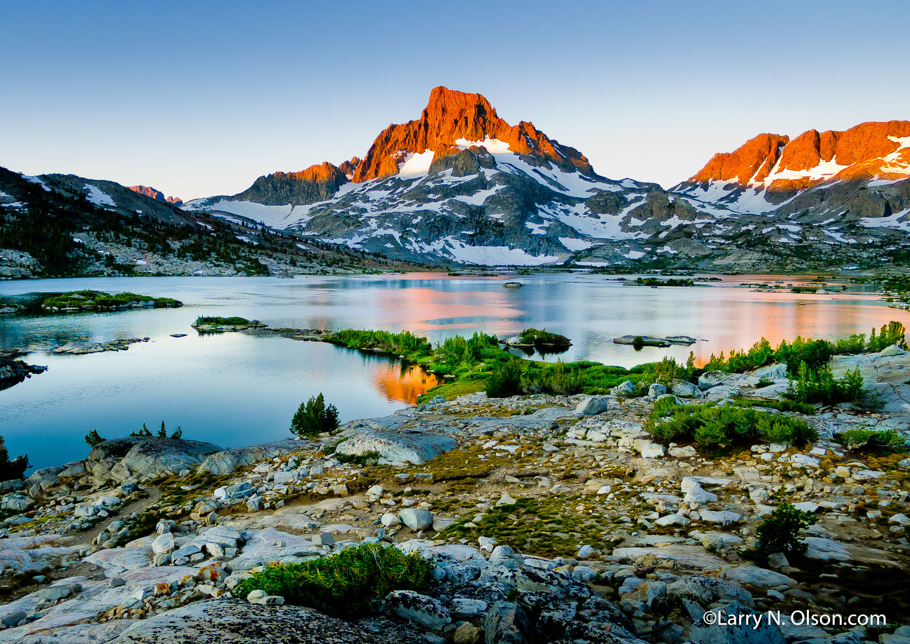 Banner Peak, 1000 Island Lake,  Ansel Adams Wilderness, Ca. | Banner Peak at sunrise is reflected in the calm waters of 1000 Island Lake.