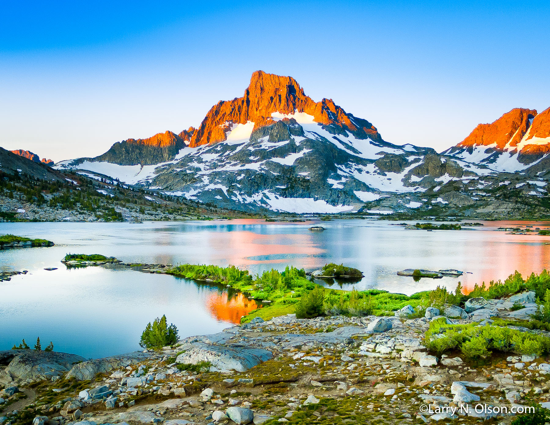 Banner Peak, 1000 Island Lake,  Ansel Adams Wilderness, Ca. | Banner Peak at sunrise is reflected in the calm waters of 1000 Island Lake.