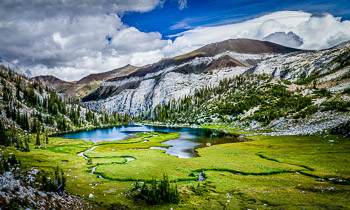 Frazier Lake, Eagle Cap Wilderness, OR | Meadering stream flows into Frazier Lake, Oregon.