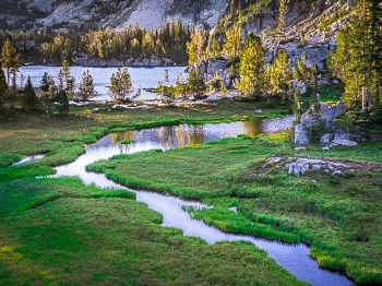 Inlet Creek, Mirror Lake, Wallowa Mountains, Eagle Cap Wilderness, OR | Sunrise casts a warm glow over the inlet creek to Mirror Lake.