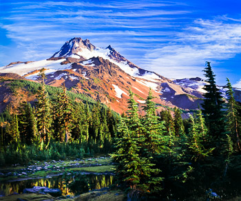 Jefferson Park, Mt. Jefferson Wilderness, Or. | Late afternoon sun illuminates the westface of Mt. Jefferson, a cascades volcano in Oregon.