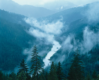 Rogue River, OR | A meandering river flows through a  forested valley with low lying clouds.