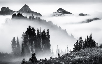 Tatoosh Range, Mt. Rainier National Park, WA | High peaks and ridges are silhouetted in layers of clouds and fog.