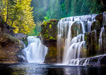Lower Lewis River Falls #3, WA | WA, Falls Creek Falls, WA, plunge pool, mossy, verdent, double falls, fall color, yellow, green,