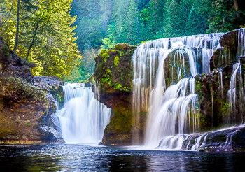 Lower Lewis River Falls #3, WA | WA, Falls Creek Falls, WA, plunge pool, mossy, verdent, double falls, fall color, yellow, green,